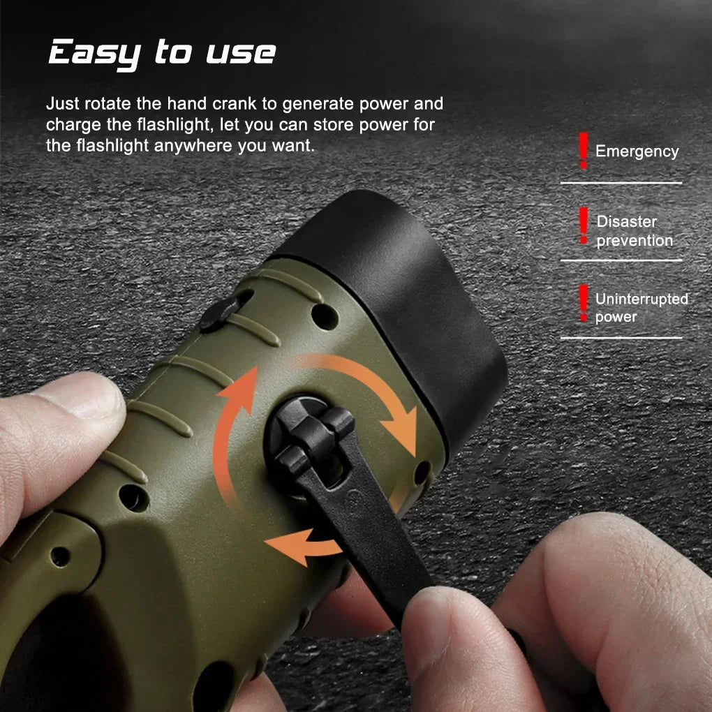 LED Flashlight Hand Crank Self Powered Charging Torch