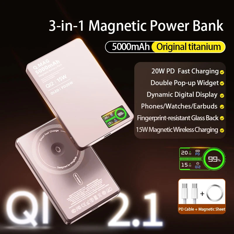 Qi2 Magnetic Power Bank Wireless Fast Charger  iPhone 12-17 Pro, Watch, Airpods & Samsung