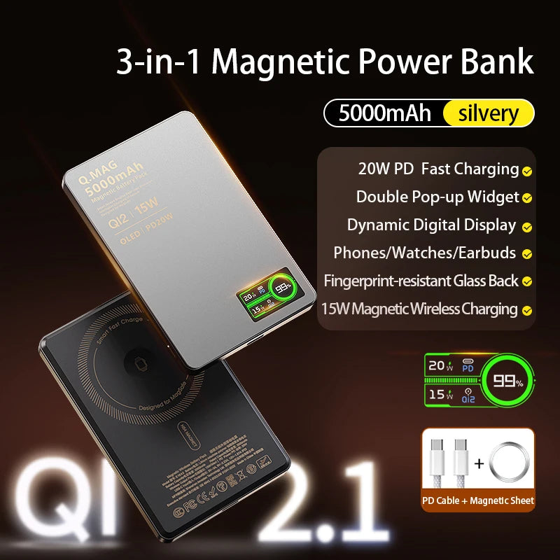 Qi2 Magnetic Power Bank Wireless Fast Charger  iPhone 12-17 Pro, Watch, Airpods & Samsung